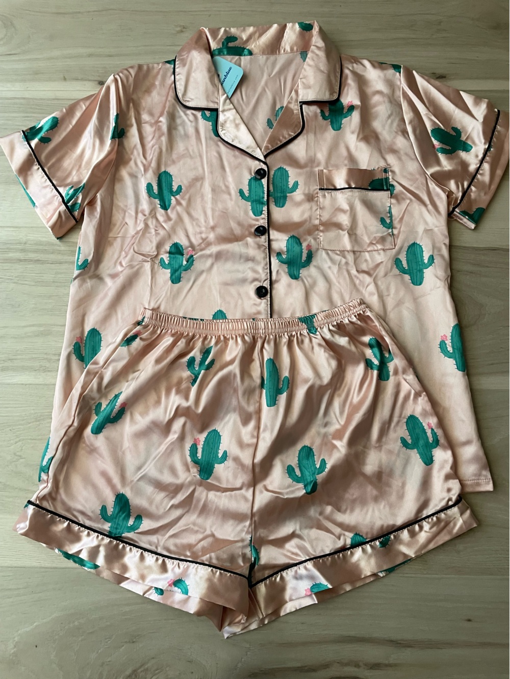 Bellanblue Satin Cactus Print Pajama Set - Peach & Green